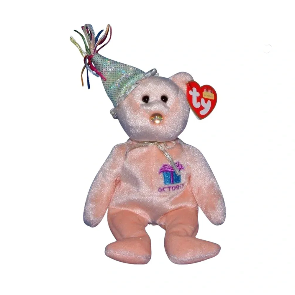 Original New Vintage Ty Beanie Baby October Happy Birthday Teddy Bear w Hat